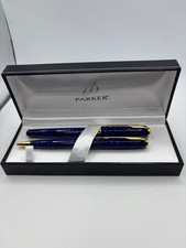 Parker Sonnet Fountain Pen Ballpoint Set Blue Marble Lacquer 18K Gold Nib Boxed