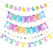 5Pcs Happy Easter Burlap Banner Bunny Paper Banner Felt Pompom Ball Garland Glit