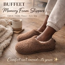 Teddy Fleece Slippers Memory Foam UK5/6 Brown Warm Indoor House Shoes Non-Slip