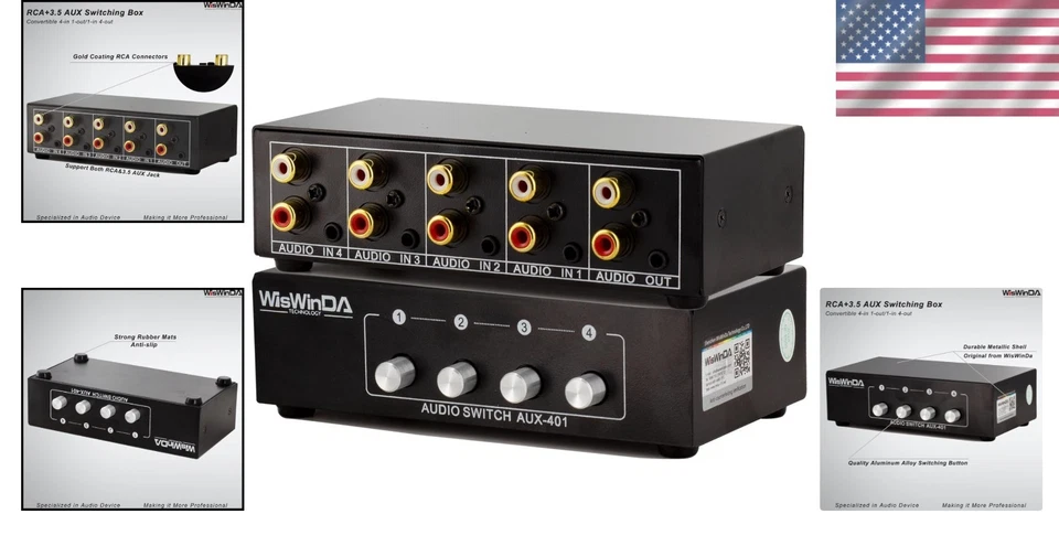 4-in-1 RCA Audio Switch Box with Gold Connectors - Durable and Passive Selector - Image 2 of 4