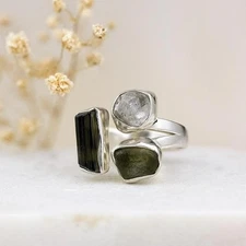 Moldavite, Black Tourmaline, Herkimer Diamond Ring With Certified Czech Republic