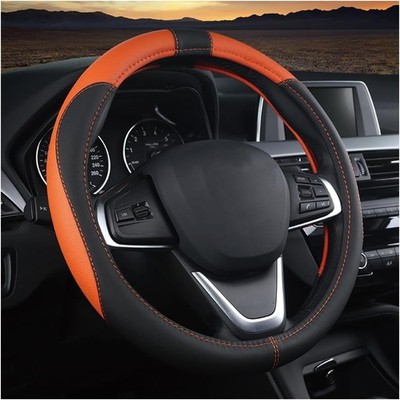 Steering Whel Cover, Soft Leather Protector, Universal No Color: Black/Orange