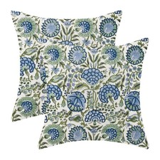Vintage Blue Sage Green Floral Pillow Covers 18x18 Inch Set of 2 Boho Flowers...
