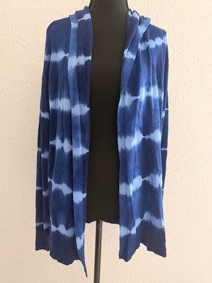 21 Main Tie-Dye Hooded Open Lightweight Cardigan Sweater Blue White Women's S