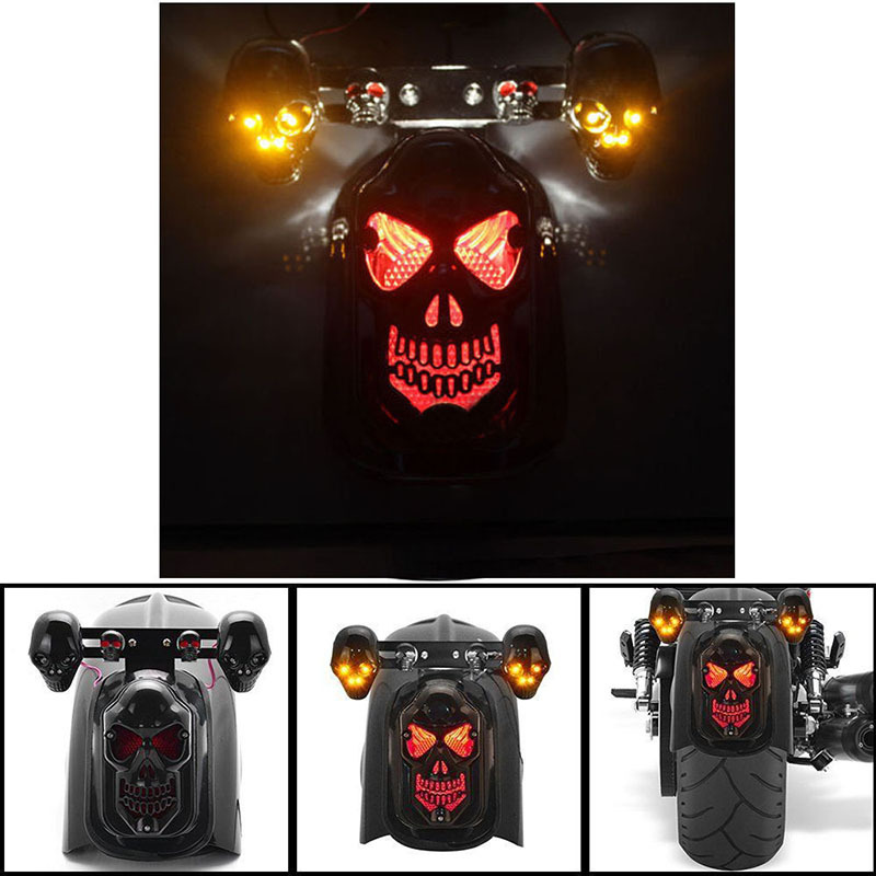 STOP LIGHT “Mini 2 Skull Bangle” Skull Motorcycle Tail Brake Stop Light + 2 LED Turn Signal