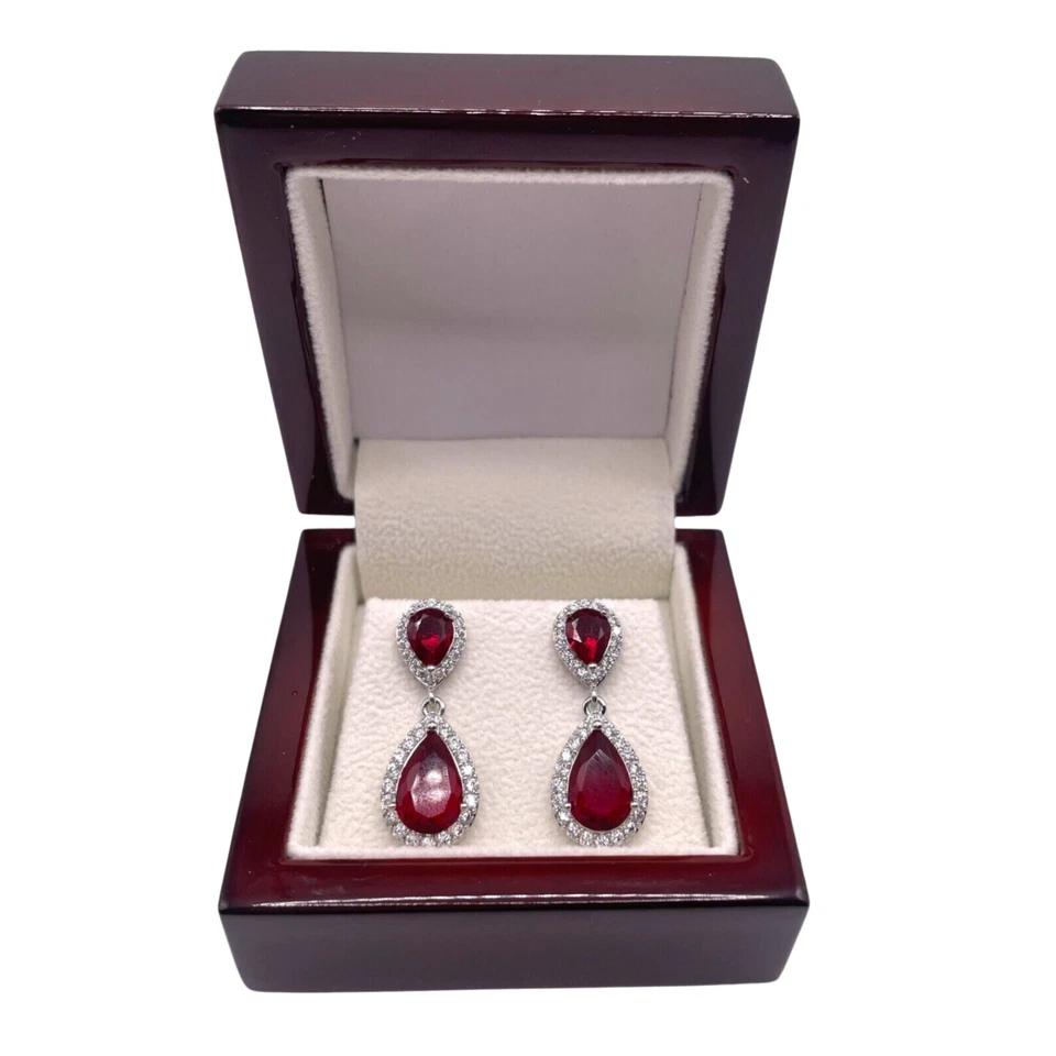 WHITE GOLD FINISH Red Ruby pear cut created diamonds droplet earrings - Image 3 of 4