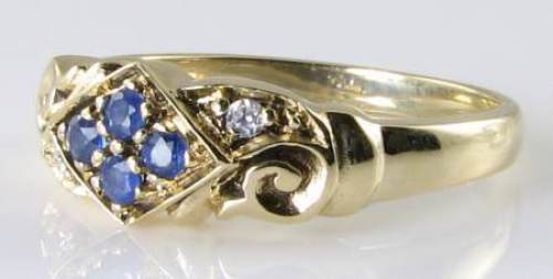 ENGLISH 9K 9CT GOLD SAPPHIRE DIAMOND GYPSY BAND ART DECO INS RING FREE RESIZE - Picture 5 of 8