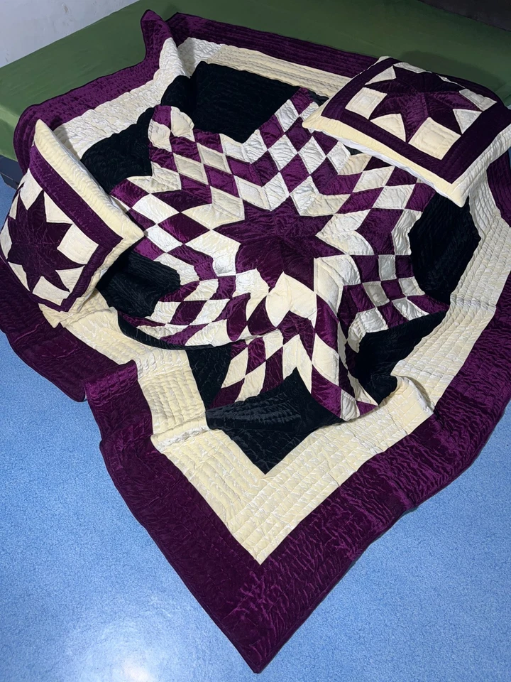 灰色被子带红白星星印花天鹅绒保暖被子手工被子套装 — 第 4/4 张图片