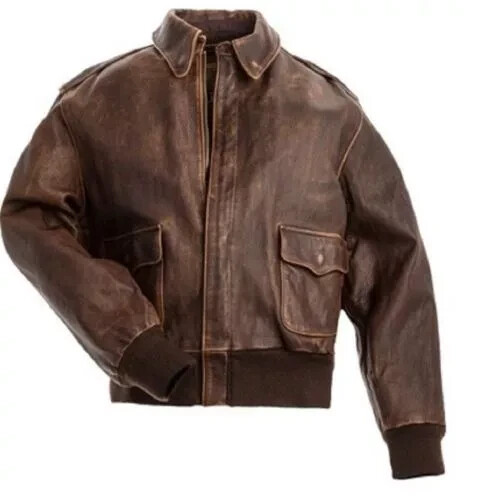 Men's Vintage Real Lambskin Leather Brown Bomber Aviator A-2 Flight Jacket Coat