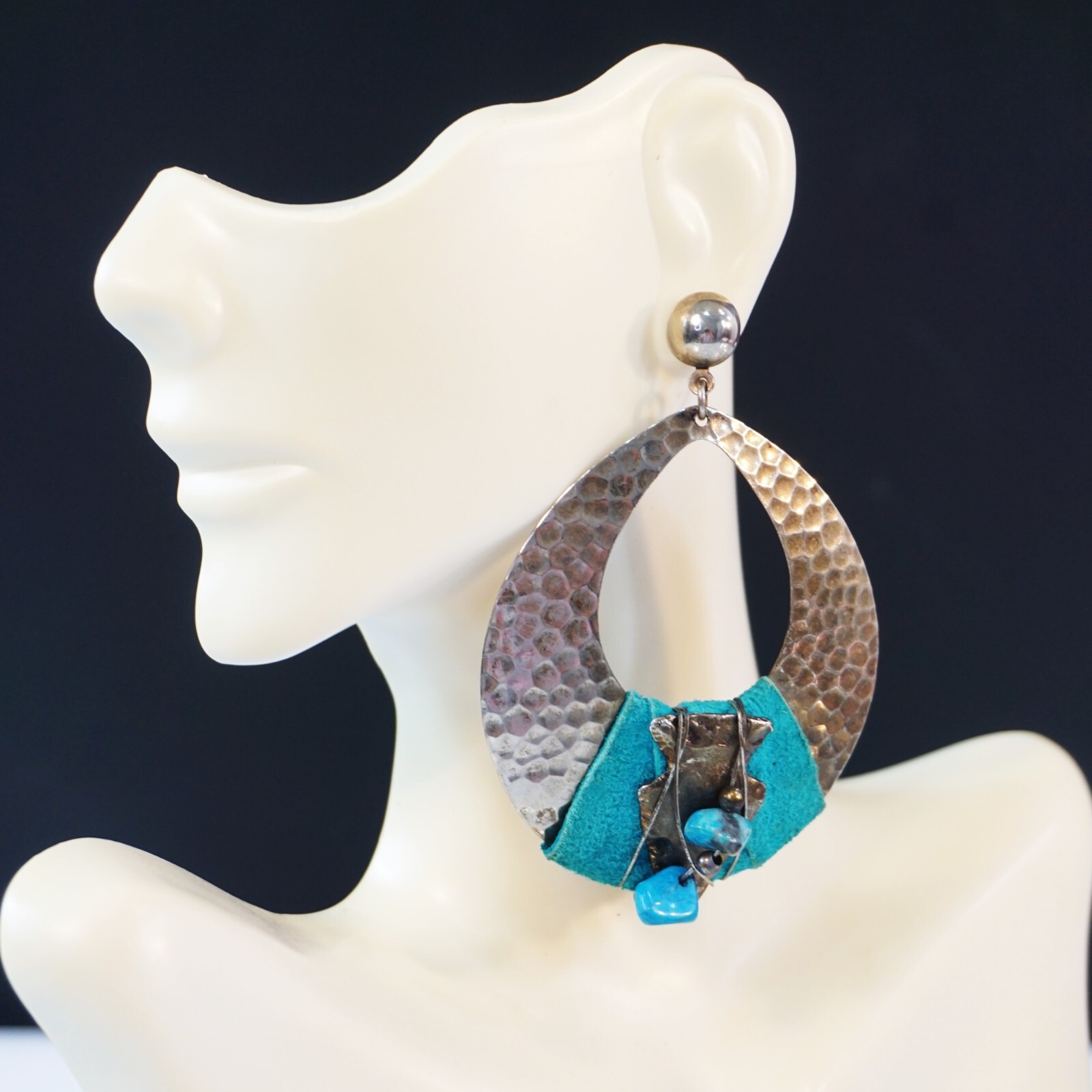 Large Statement Earrings Hammered Silver Tone Met… - image 4