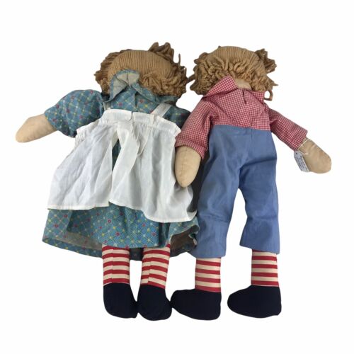 Bambole vintage fatte a mano Raggedy Ann & Andy di stoffa rag capelli biondi filato 20" - Foto 4 di 10