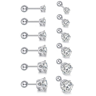 6 Pairs Cubic Zirconia Stainless Steel Ball Back Helix Stud Earrings Set 3mm-8mm
