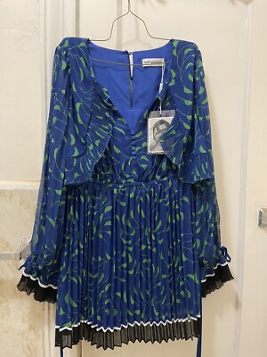 Self Portrait Blue/Green Crescent Chiffon Cape Pleated Mini Cocktail Dress UK 6