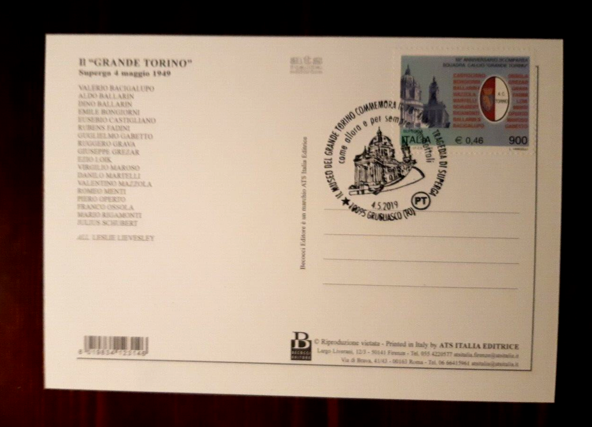 Grande Carte Postale Torino – Hommage Tragédie Superga 1949 – Tampon Spécial 2019