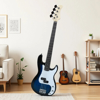 4-String Beginner P-Style Electric Bass Guitar Set - P Pickup Full Size Bag Blue