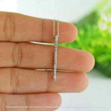 1Ct Round Cut Diamond Vertical Bar Pendant Necklace 14K White Gold Finish