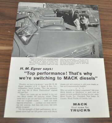 1958 Mack B Series Truck Ad Egner Galion Ohio White 5000 COE Article Rockwell
