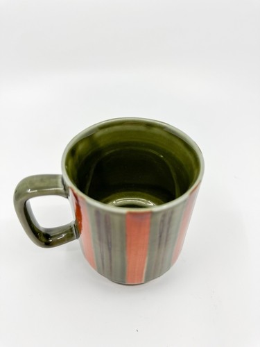 Vintage Japan Stoneware Olive Green w/ Orange & Bronze Stripes Coffee Mug - 8 oz - Picture 5 of 7