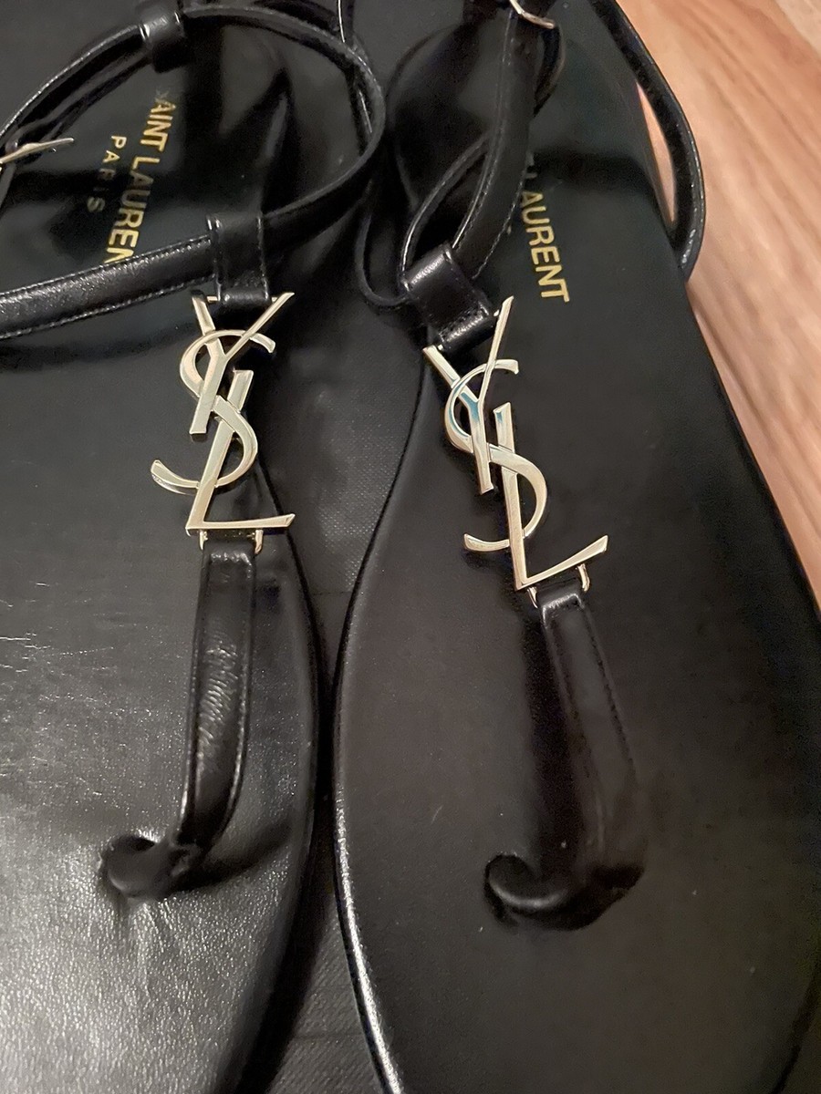 SAINT LAURENT☆ロゴデザイン スタッズ サンダル 35M LADIES SAINT LAURENT women shoes Black leather Cassandra flat
