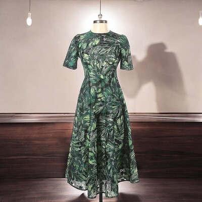 Burryco Green & Black Palm Leaf Print 1/4 Zip Short Sleeve Maxi Dress Sz 4 NWT