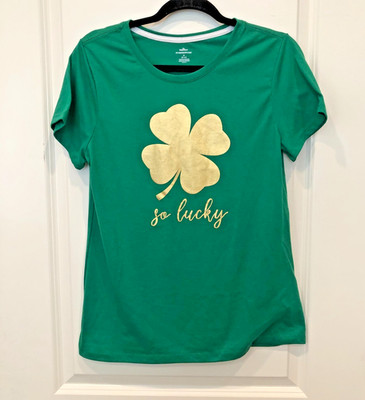 T Shirt Women M 8-10 Lucky Green Gold Foil Clover St Patrick Day Leprechaun EUC