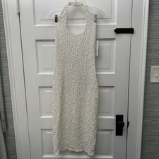ZARA Womens Medium Ecru Textured Halter Midi Dress Open Back Bodycon NWT