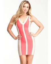 Bebe Colorblock Bandage Dress Coral Pink Cream Tank Bodycon V Neck Mini Size M