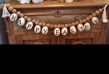 Happy Easter Egg Shaped Wood Garland w/Tassels 29" Excellent Condition