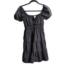 Justify Black Puff Sleeve Smocked Tiered Milkmaid Mini Babydoll Dress Gothic L