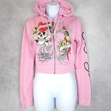Ed Hardy Hoodie Womens Medium Pink Love Kills Tiger Full Zip Cropped Sweatshirt