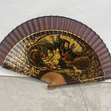 Vintage Wood Folding Hand Fan Victorian Scenes - European Scene