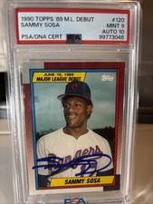 1990 Sammy Sosa signed ROOKIE card Topps 89 ML Debut #120 PSA 9 AUTO 10 RC Cubs