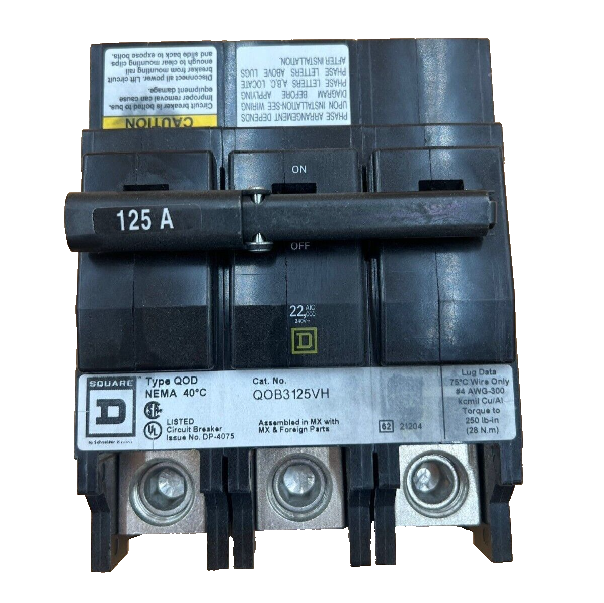 Square D QOB3125VH 125A 240V 3P Bolt On Circuit Breaker 125 Amp 3 Pole New