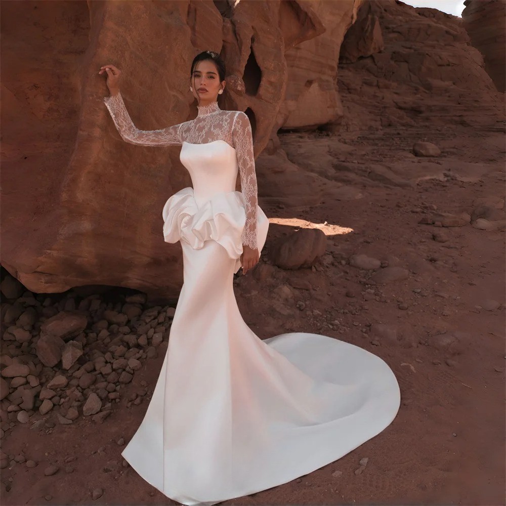 knee length dresses for ladies Illusion Lace Top Floral Long Sleeves Round Neck A-line Long Wedding D –  SposaBridal main image 0