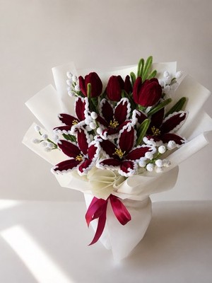 Handmade pipe cleaner Lily Artificial Flower Bundle Bouquet, Red and White