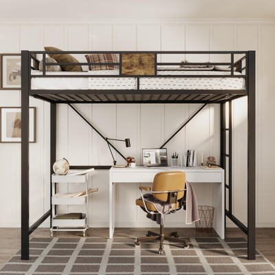 Metal Twin Size Loft Bed Frame with Stairs & Guardrail, Small Space Saving Fu...