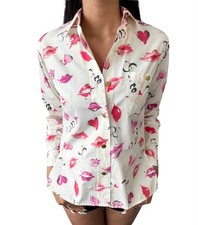 CHANEL Vintage 1995 CC Logo Long Sleeve Shirt Blouse White Button Lip 105414