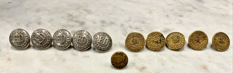 11 Vtg Philadelphia Police Fire Buttons Lot Snellenburg Backmark Freeland Map