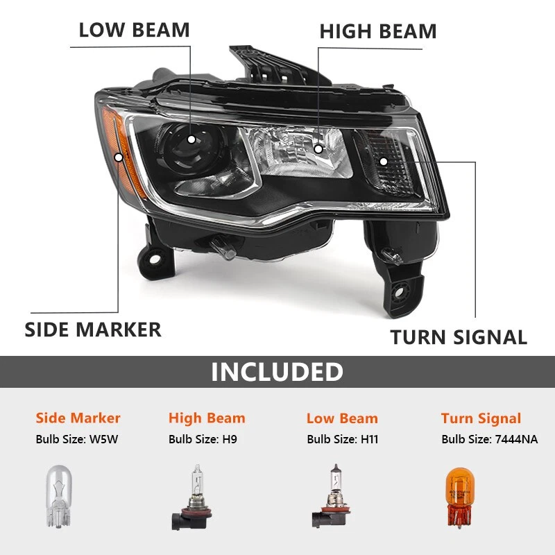 For 2017-2021 Jeep Grand Cherokee Halogen Headlight Assembly w/ Black Passenger Foto 2 de 4
