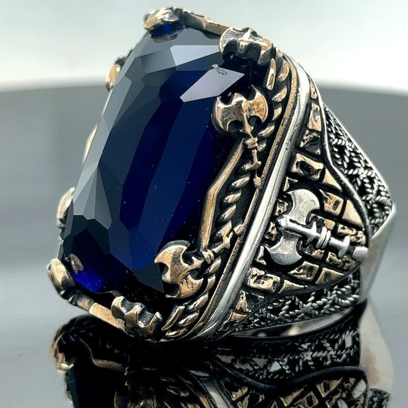 Anillo de piedra de circón modelo hacha de zafiro grande de plata 925 para hombre Foto 4 de 4