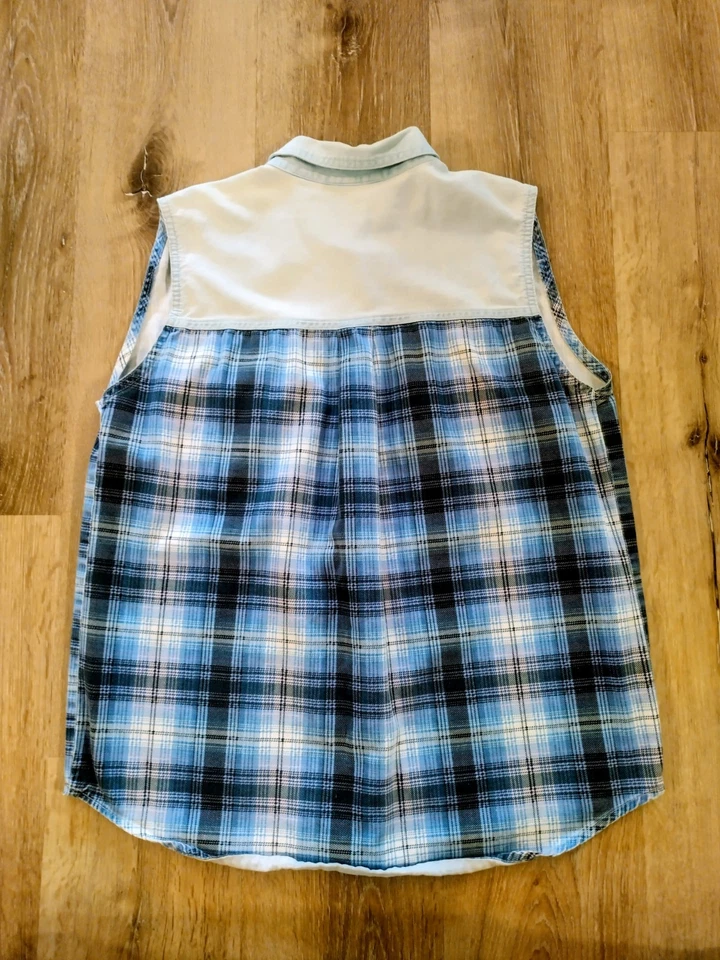 Camisa Chaleco Grunge De Colección Años 90 Bonjour Para Mujer Denim A Cuadros Con Botones Sin Mangas Talla L Foto 2 de 4