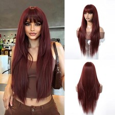 Reddish Brown Synthetic Wig with Bangs Auburn Glueless Long Straight Layered ...