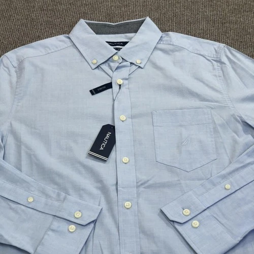 NEW Nautica Shirt Mens Medium Blue Long Sleeve Button Up Classic Fit Stretch image 2