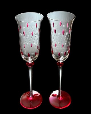 Set Of 2 Red Ornate Crystal Wine Glasses Hand Painted Etched Design 10  Tall EUC