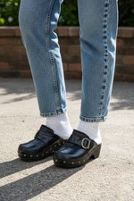 BONGO Y2K Vintage Black Leather Clogs Platform Heels Fur Lined Size 7