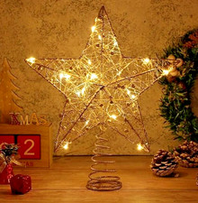 Christmas Tree Topper Silver Glitter Star Warm White LED Lights Xmas Decoration