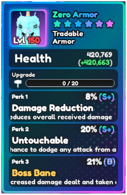 World Zero WZ - ZERO ARMOR - LVL 150 - S+ PERKS