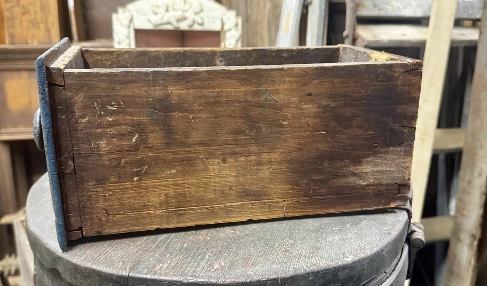 Antique Primitive Single Wood Drawer Hardware Farmhouse Dovetail Box Blue Grey - Image 4 of 4