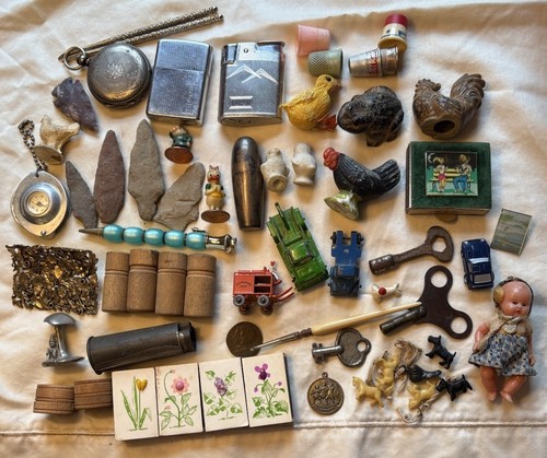 Junk Drawer Lot Vintage Antique Cracker Jack Lighters Pocket Watch Matches Hooks