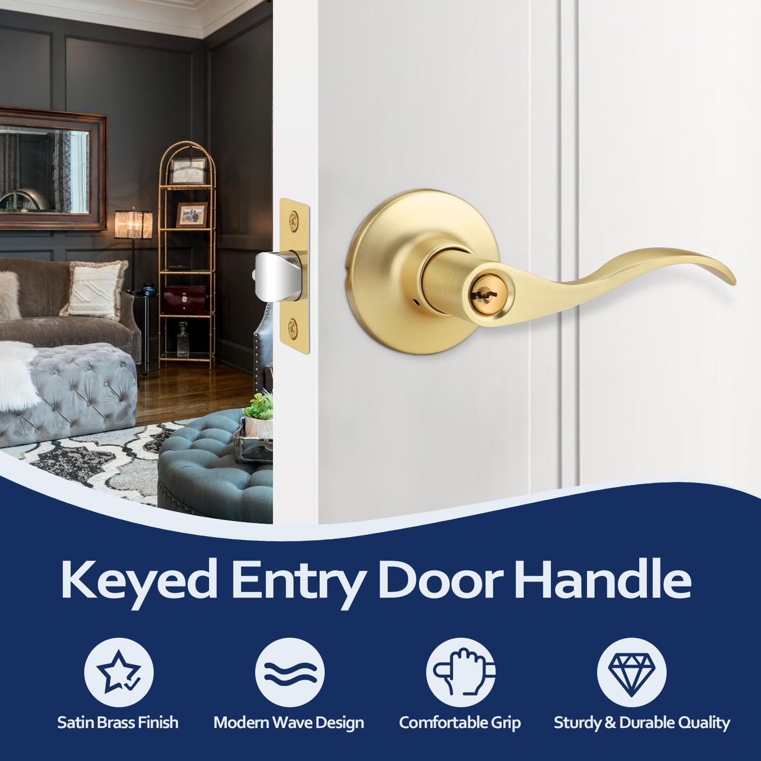 1 Pack Gold Door Handles Keyed Alike Entry Door Handle with Lock and Key Bras